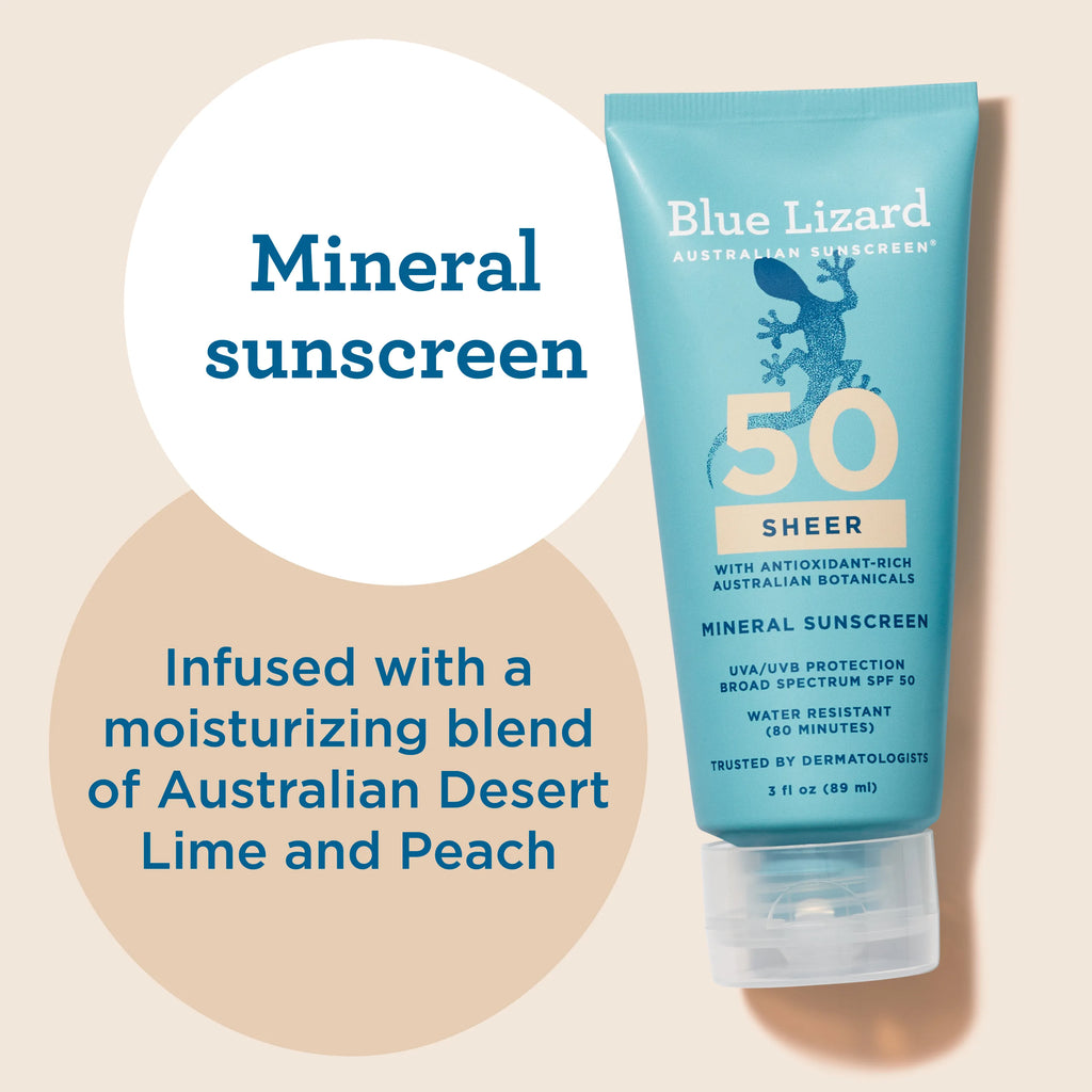 Blue Lizard Sheer SPF 50 mineral sunscreen tube on a beige background